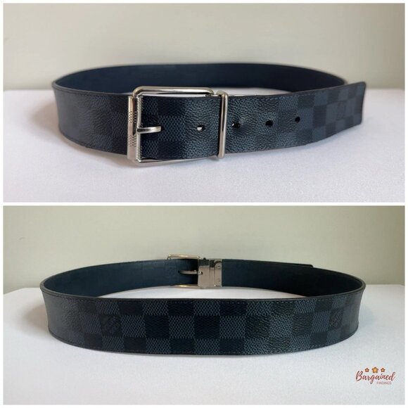 Auth Louis Vuitton Damier Grey/Black Reversible Leather Silver Buckle Belt 95 - Picture 4 of 11